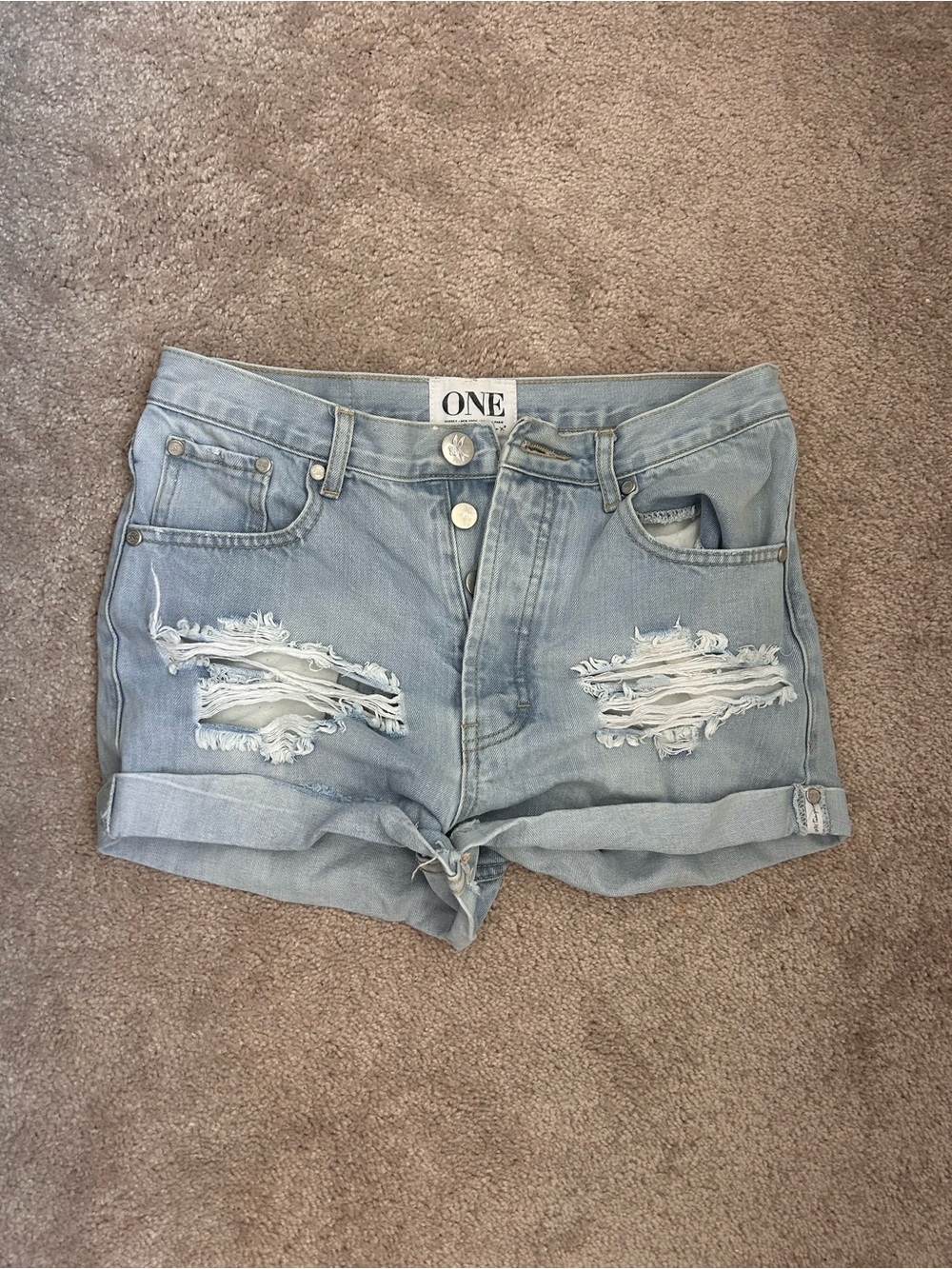 Light Wash Distressed Denim Roll-Hem Shorts